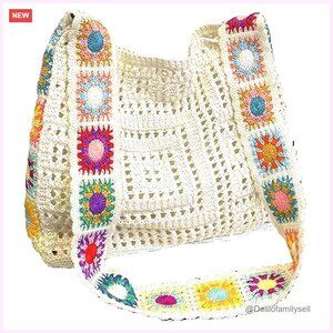 Crochet Tote Bag with Floral Embroidery, Bohemian Beach Bag